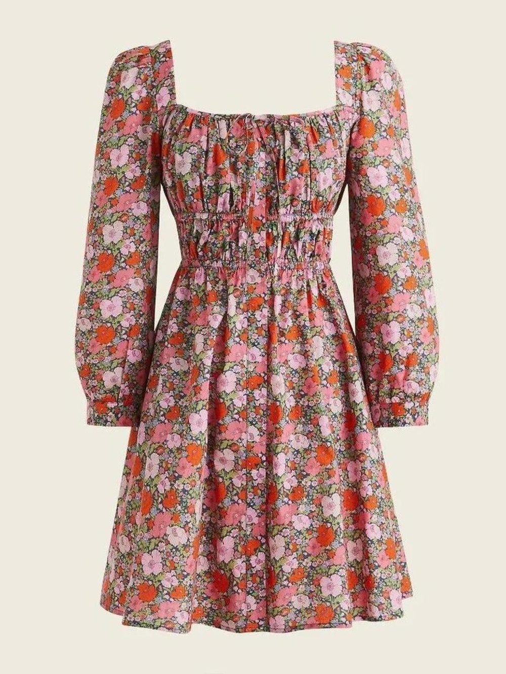 JCrew x Liberty | Floral Square-Neck Smock Waist Mini Dress in Pink and Orange